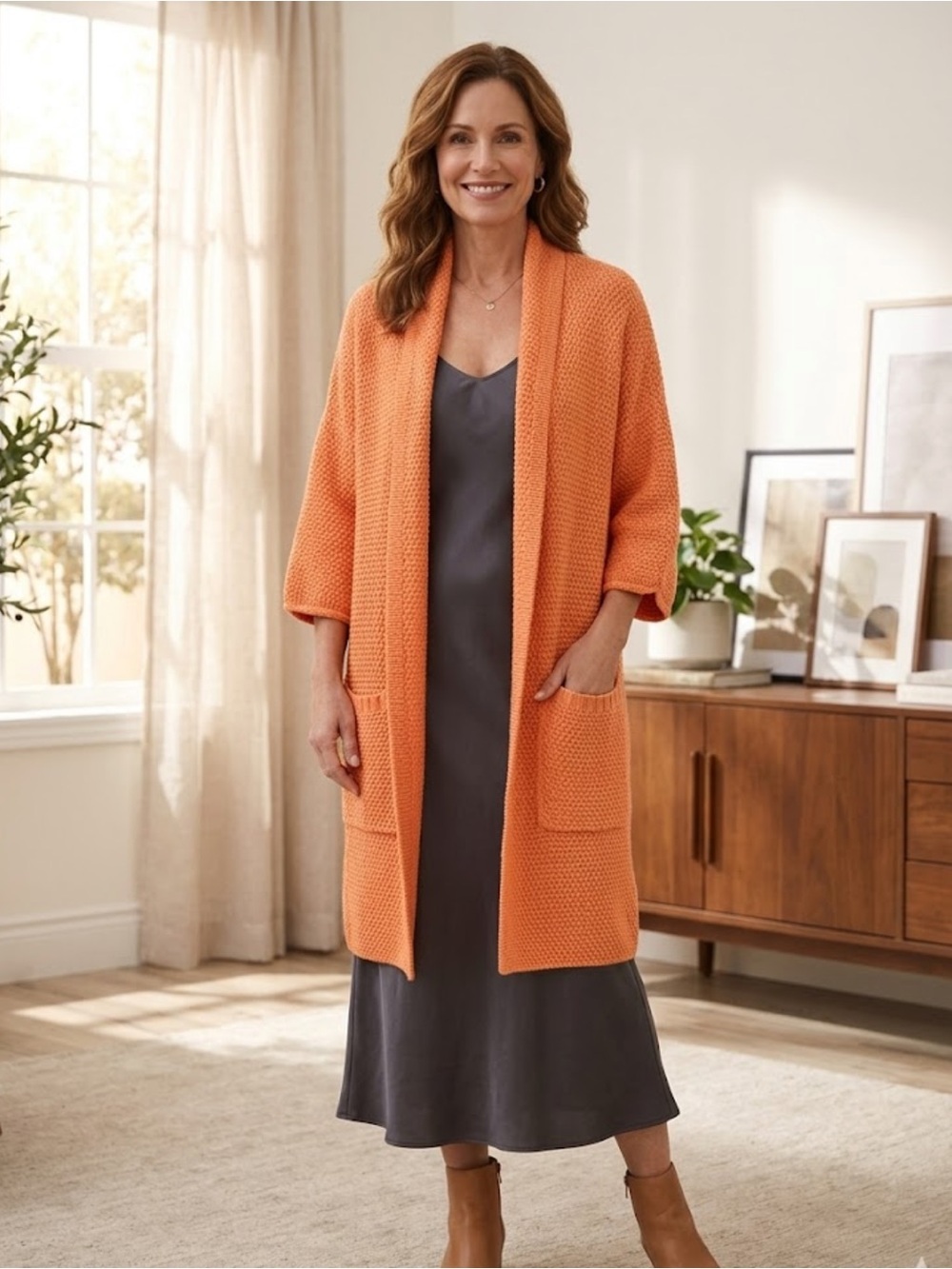 The Skinny Famous Erinn Cardigan Open Knit Long Orange Sweater Cardigan